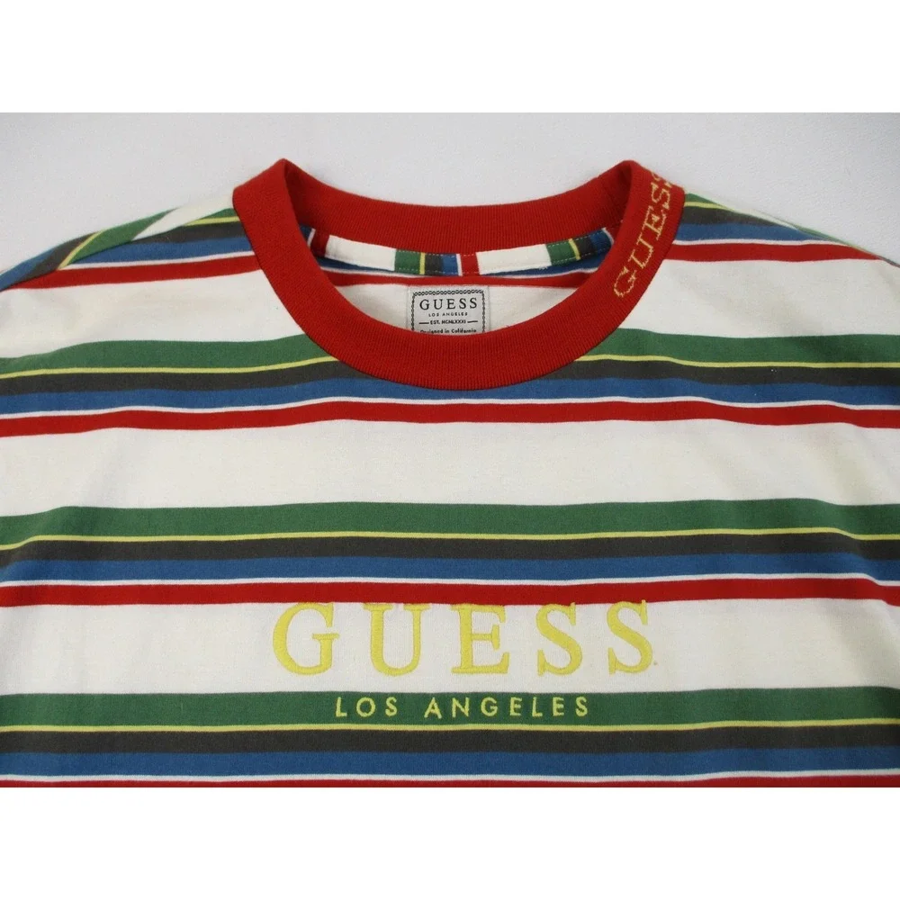 Guess Shirt Mens Medium White Multicolor Striped Embroidered Logo Retro Y2K - Picture 3 of 11